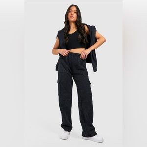 Boohoo Petite Acid Wash Cargo Pocket Jogger Sweatpants Pants Small Charcoal Gray